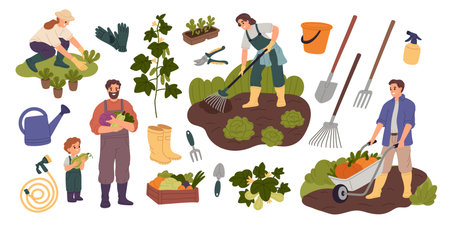 Gardeners with tools. Organic farming, cultivation of ground, loosening, planting, harvesting, agriculture farmers family growing vegetables, cartoon flat isolated garish vector setのイラスト素材