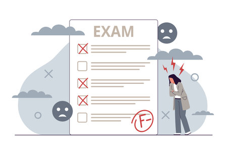Failing exam. Sad girl who failed online test, student made mistake, missing points, marking incorrect options, education and knowledge, crying character nowaday vector cartoon flat conceptのイラスト素材