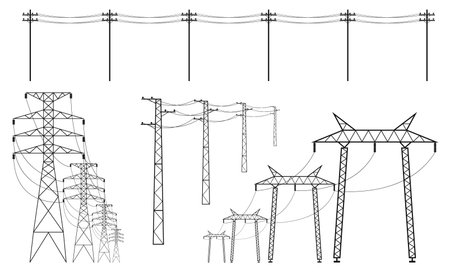Electric power lines. Transmission towers with wires, high voltage cables, energy transmission, different pylons, poles with wire black silhouette, city infrastructure qualitative vector setのイラスト素材