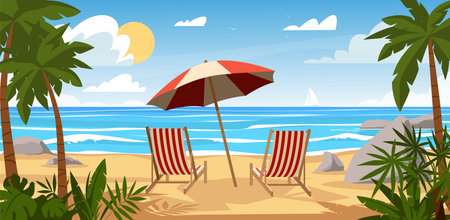 Beach landscape. Summer sea vacation, sun loungers under umbrella on sand, tropical palm trees, cumulus clouds, paradise panorama cartoon flat isolated seaside qualitative vector conceptのイラスト素材