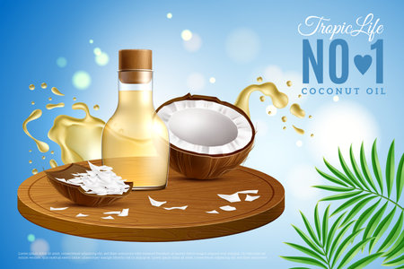 Realistic coconut oil poster. Bottle with yellow liquid, water in motion, nut pieces and splashes, marketing promotional banner 3d isolated elements. Cooking ingredient. Vector conceptのイラスト素材
