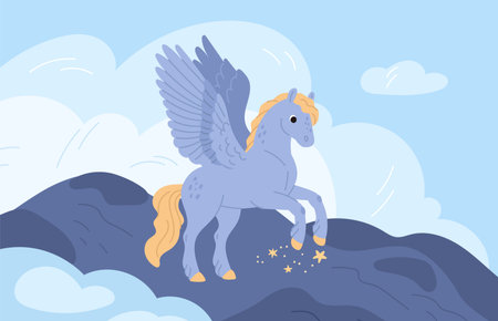 Fairy tale creation. Fabulous animal, pegasus in clouds, winged flying horse, fantasy fauna character, mythical mascot, fictional magic book personage, garish vector cartoon conceptのイラスト素材