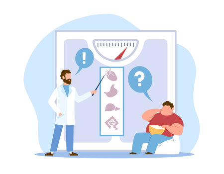 Nutritionist consultation and diagnostics. Fat overweight man at doctor appointment, medical diet planning, weight control, obesity prevention, cartoon flat style vector health care conceptのイラスト素材