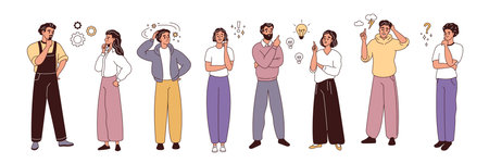 Thoughtful people characters. Young creative persons with ideas, projects, questions, thinking...