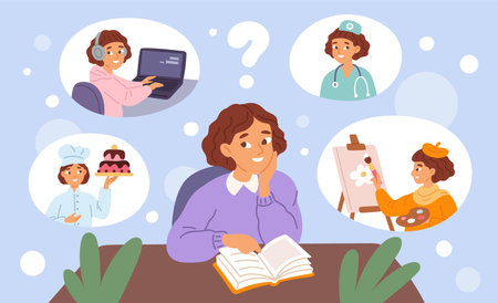 Student chooses profession. Thoughtful girl with book, finding job direction in life, future career graduate dreams, girl planning and decision making garish vector cartoon isolated conceptのイラスト素材