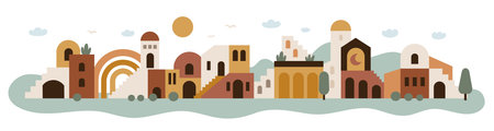 Geometric city landscape. Boho urban line, flat architecture houses elements, islamic buildings with domes, stairs, arches, contemporary minimal style border, garish vector geometric conceptのイラスト素材