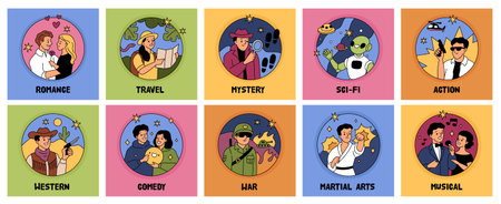 Cinema genres cards. Different genres films poster templates, movies banners, adventure, western, comedy and thriller, category badges, garish vector cartoon flat style isolated setのイラスト素材