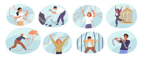 People being freed from bonds. Psychological liberation from problems, connections and manipulations, breaking chains, men escaping, cartoon flat style isolated garish vector mental health setのイラスト素材