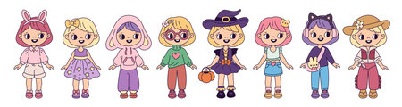 Girl paper doll outfits. Cute kids with different dresses and accessories, fashionable young characters, funny clothes, playful children cartoon flat style isolated garish vector setのイラスト素材