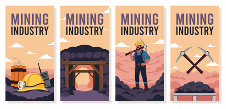 Mining industry banners. Coal, gold or minerals search, machinery and tools, worker in overalls,...