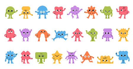 Funny geometric characters. Comic abstract mascots, smiling faces, hands and feet, different simple...