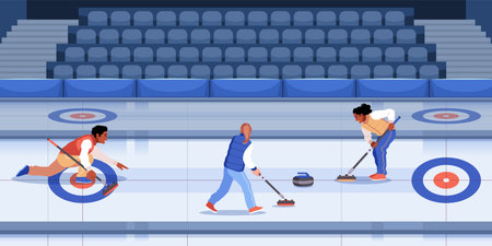 Curling competition. Professional players push granite stones across icy sheet, team sport, sweepers...