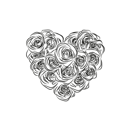 vector heart of black line roses on white backgroundのイラスト素材