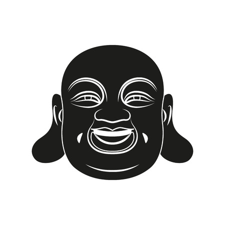 Black head of Fat Buddha with Om mantra isolated on white background. Elements for company logos, print products, page and web decor. Vector illustration.のイラスト素材
