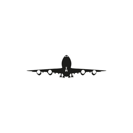 simple black airplane icon isolated on white background. Elements for company print products, page and web decor. Vector illustration.のイラスト素材