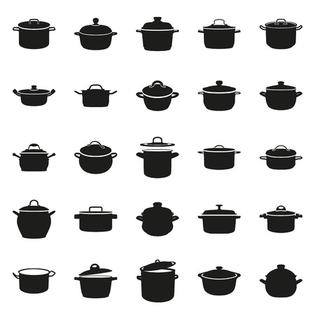 pan, saucepan, pot, casserole, cooker, stewpan icon set Created For Mobile, Web, Decor, Print Products, Applications. Black icon set isolated on button. Vector illustration.のイラスト素材