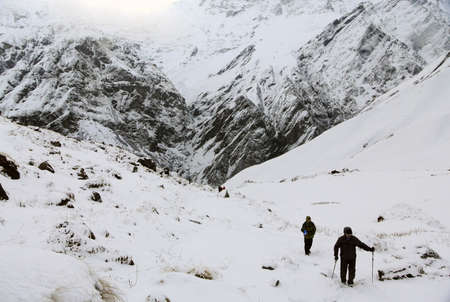 ABC, Nepal - April, 2012 : Trekker on Annapurna base camp trail in winter.のeditorial素材