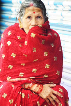 KATHMANDU, NEPAL - Apr.15, 2012 : Portrait Of Nepali Woman wearing traditional dress.のeditorial素材