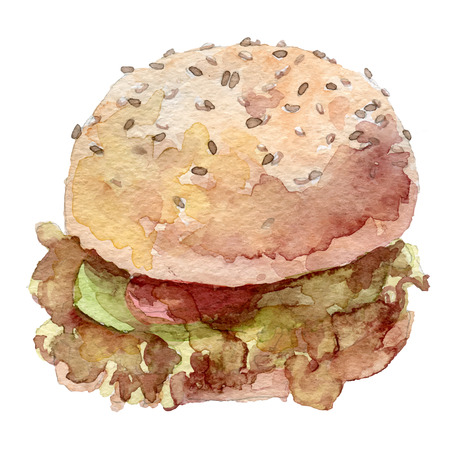 watercolor burger hand drawn, It can be used for card, poster. sticker, menu, recipeのイラスト素材