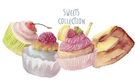 Watercolor cupcakes hand drawn on whiteの写真素材