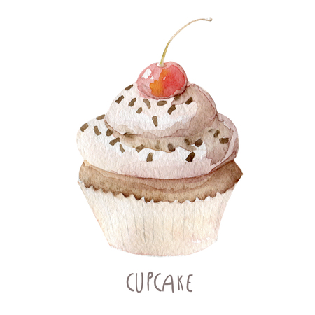 Watercolor hand drawn cupcake on whiteの写真素材