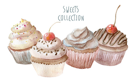 Watercolor cupcakes hand drawn on whiteの写真素材