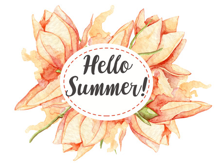 hello summer card With Watercolor leaves and flowers. Floral Invitationの写真素材