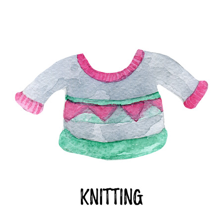 knitting illustration. Hand drawn watercolor on white background.の写真素材