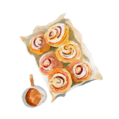 baked cinnamon rolls illustration. Hand drawn watercolor on white background.の写真素材