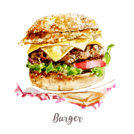 Watercolor hand drawn burger. Isolated illustration on white backgroundの写真素材