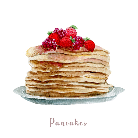 Watercolor hand drawn pancakes. Isolated dessert illustration on white backgroundの写真素材