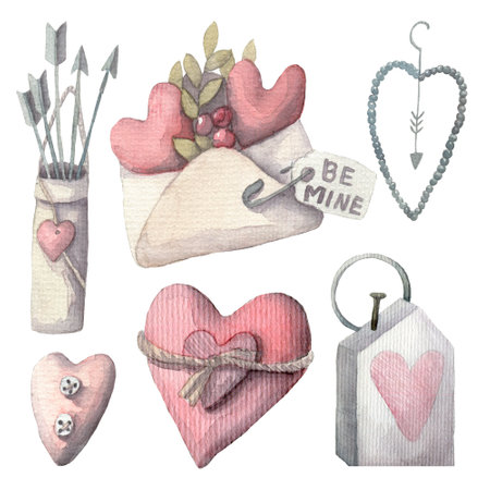 Watercolor set of illustrations in vintage style Romantic hand-drawn illustrations are perfect for greeting cards, vintage posters, wedding invitation scrapbookingの写真素材