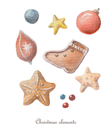 Christmas watercolor set of isolated elements on white background. Watercolor illustration isolated on white background.の写真素材