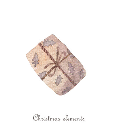 Decorated and wrapped christmas gift. Watercolor illustration isolated on white background.の写真素材
