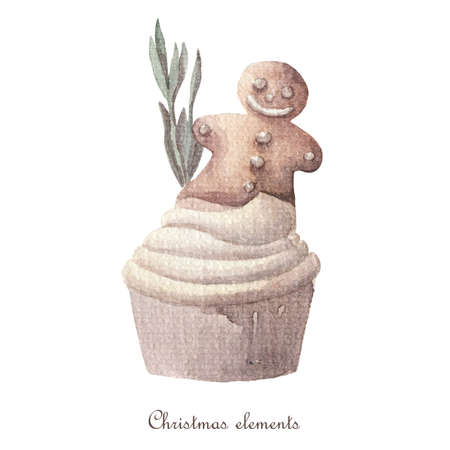 Cute christmas cupcake decorated with ginger cookie. Watercolor illustration isolated on white background.の写真素材