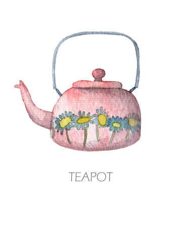 Watercolor images of watercolor porcelain and ceramic teapots of various shapes and colorsの写真素材