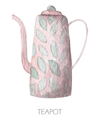 Watercolor images of watercolor porcelain and ceramic teapots of various shapes and colorsの写真素材