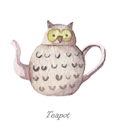 Watercolor images of watercolor porcelain and ceramic teapots of various shapes and colorsの写真素材