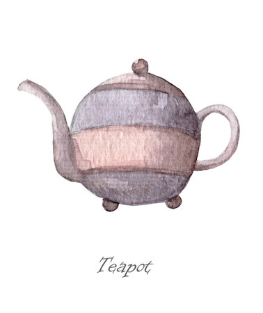 Watercolor images of watercolor porcelain and ceramic teapots of various shapes and colorsの写真素材
