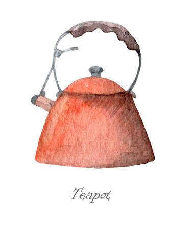Watercolor images of watercolor porcelain and ceramic teapots of various shapes and colorsの写真素材