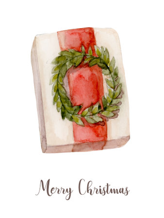 Watercolor Christmas present box. Hand painted New Year decor isolated on white background. Holiday illustration for design, print, fabric or background.の写真素材