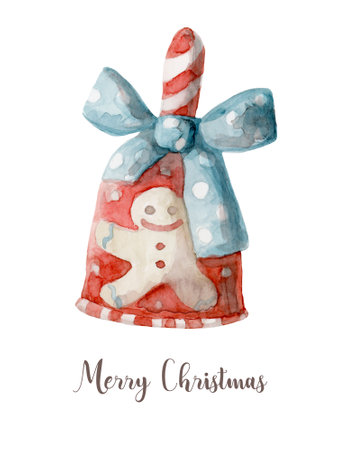 Watercolor Christmas bell with bow. Hand painted New Year decor isolated on white background. Holiday illustration for design, print, fabric or background.の写真素材