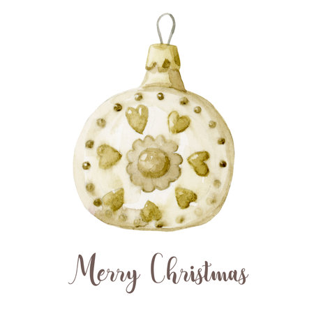 Watercolor Christmas tree decoration toy. Hand painted New Year decor isolated on white backgroundの写真素材