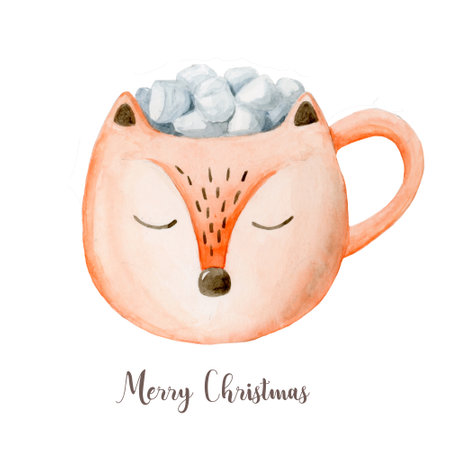 Watercolor Christmas coffee or hot chocolate mug. Hand painted New Year decor isolated on white backgroundの写真素材