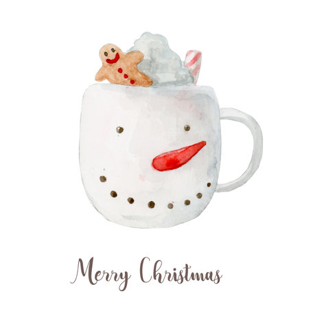 Watercolor Christmas coffee or hot chocolate mug. Hand painted New Year decor isolated on white backgroundの写真素材