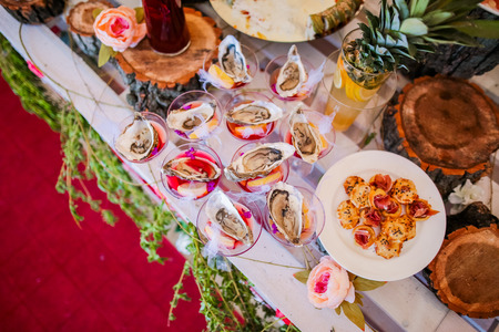 decor of a table of seafood and fruitsの写真素材