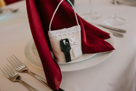 serving in the restaurant for a wedding decorative bag with the bride and groom