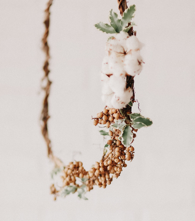 wreath of dried flowers with cotton decorated on white backgroundの写真素材