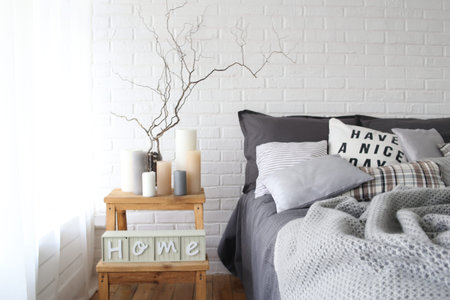 comfort interior of bedroom with bed in gray color