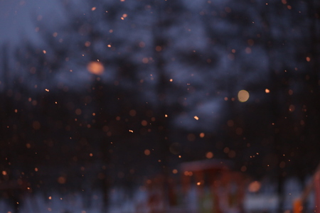 winter snowflakes fall near a street lamp and trees in the snowの写真素材